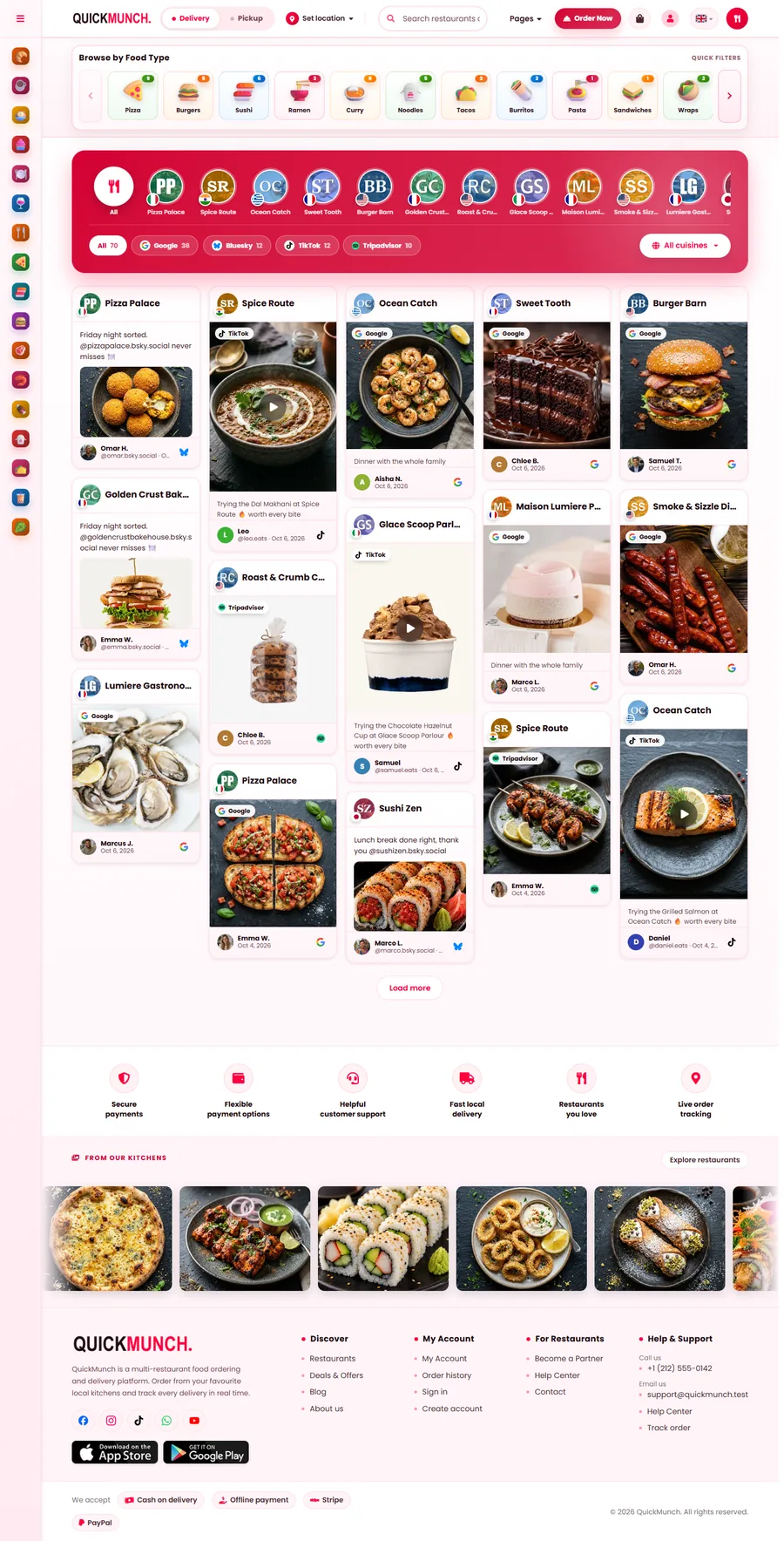 Social proof homepage layout: guests' photos, videos and reviews from every restaurant