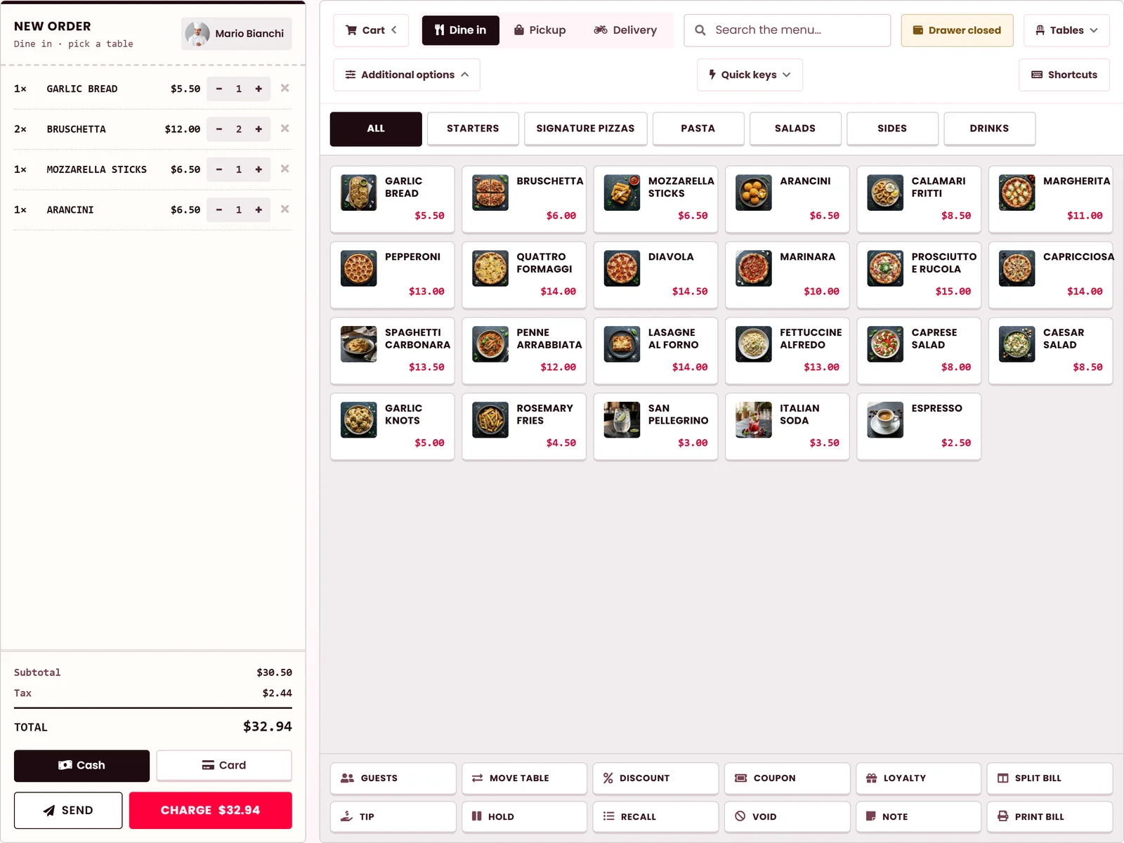 The till in style 3 on an iPad, the check open on the left
