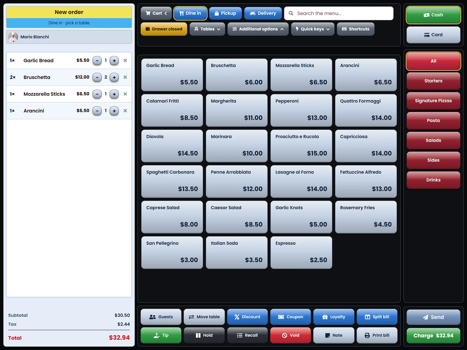 The till in style 4 on an iPad, the check on the left and the pay keys on the right
