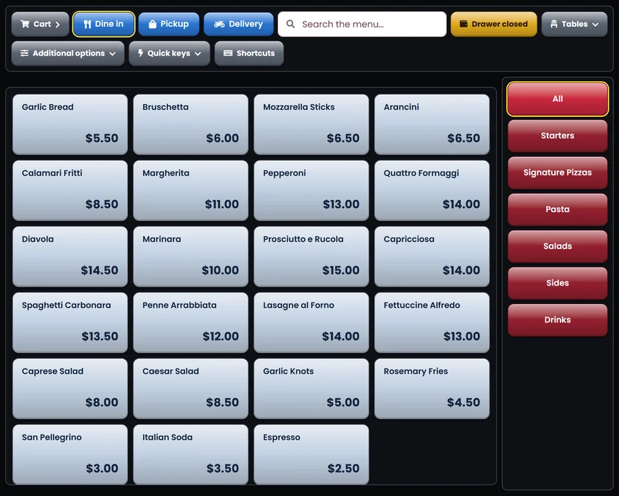 The till in style 4: colour-coded keys with the categories down the right