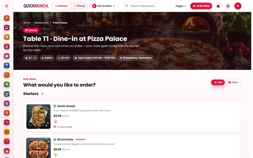 The table page as a menu only, with nothing to order
