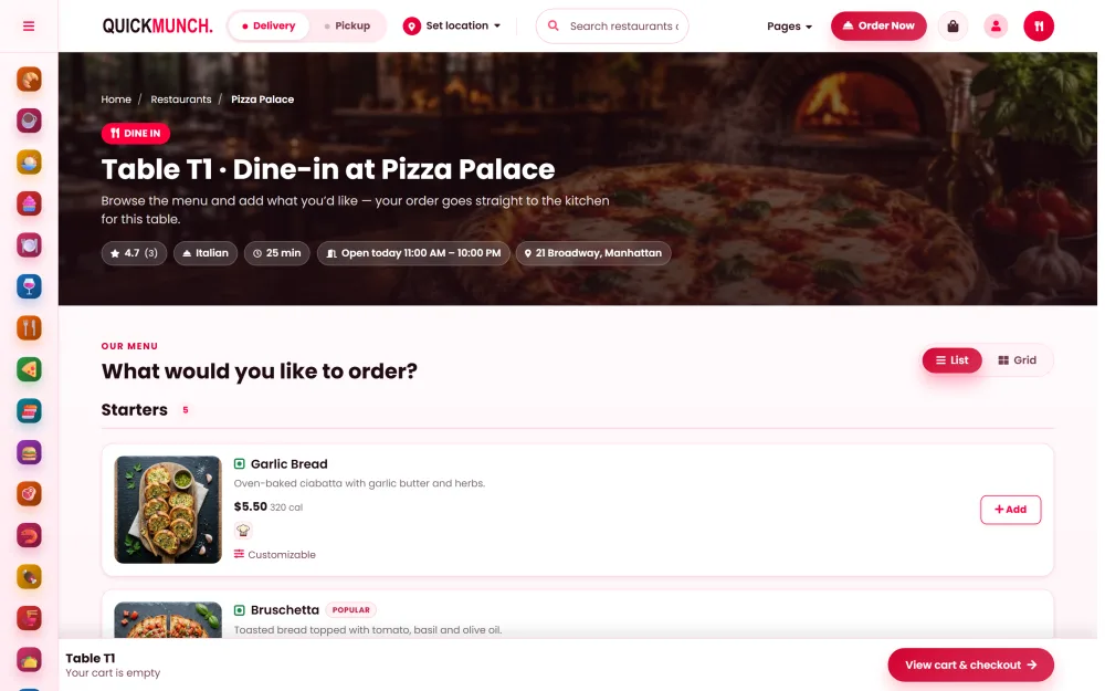 The table page with ordering and payment