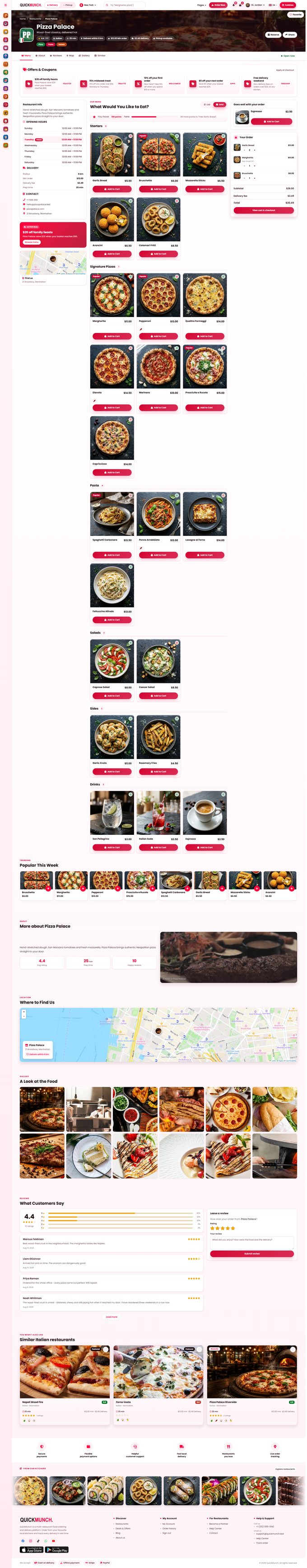 The whole restaurant page in Classic, grid view, with an order in the cart
