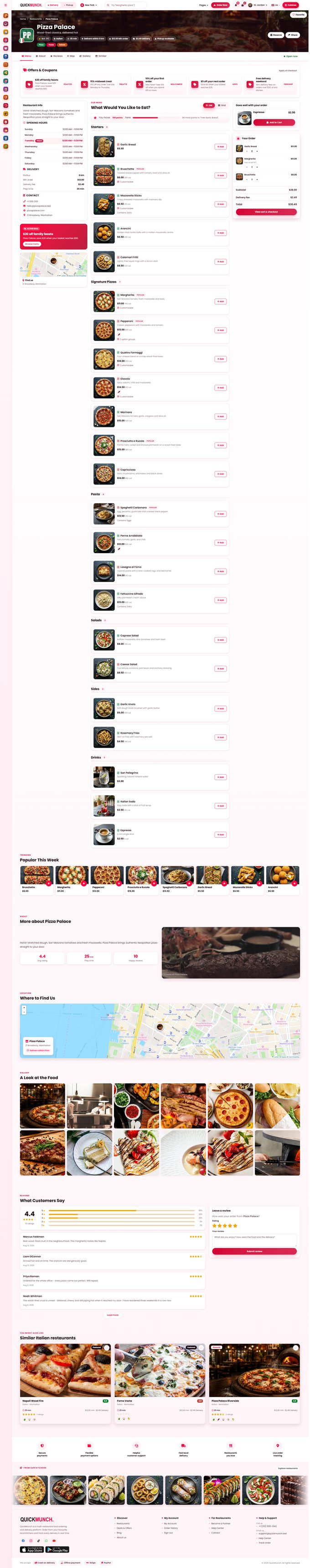 The whole restaurant page in Classic, list view, with an order in the cart
