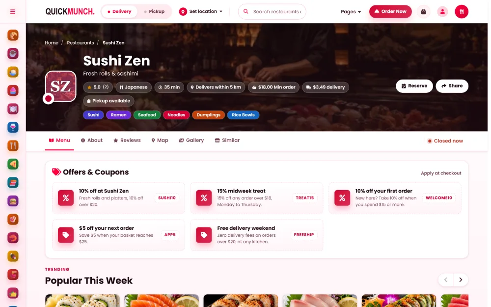 A restaurant page: hero, delivery terms, menu tabs and live offers