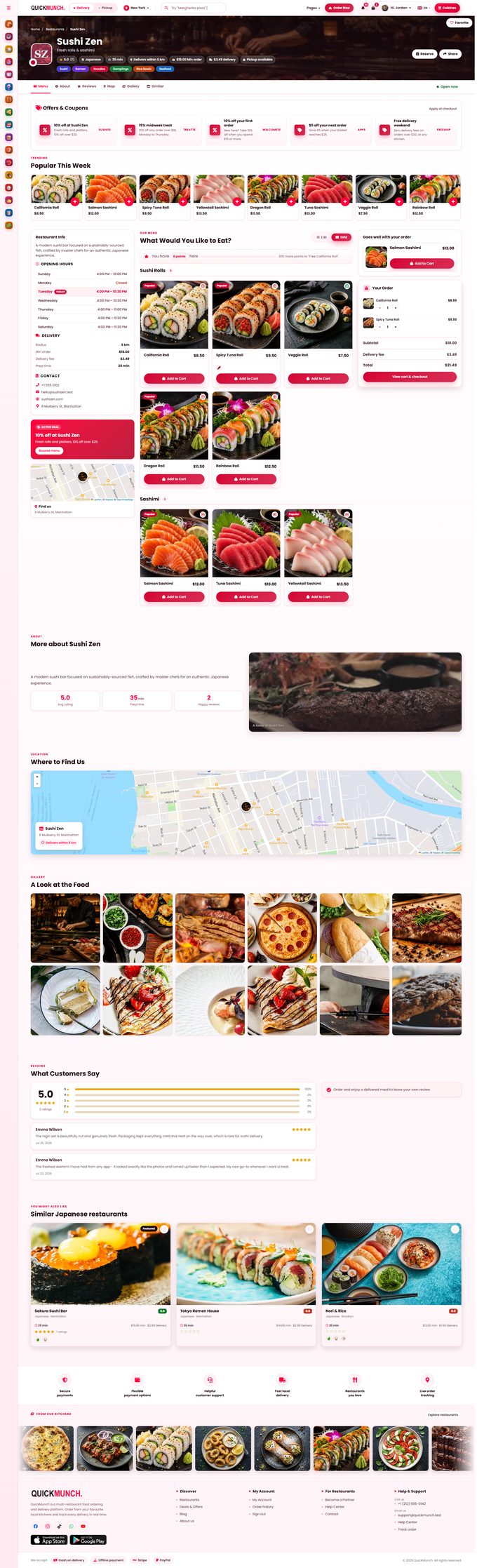 The whole restaurant page in Style 1, grid view, with an order in the cart
