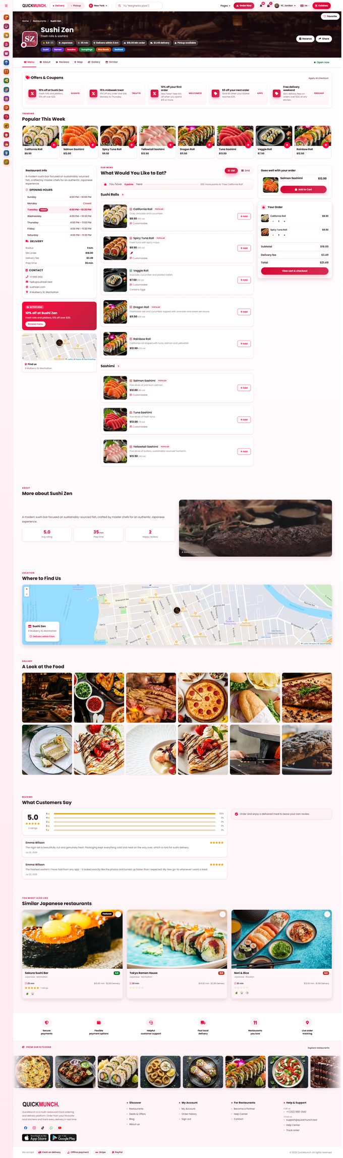The whole restaurant page in Style 1, list view, with an order in the cart