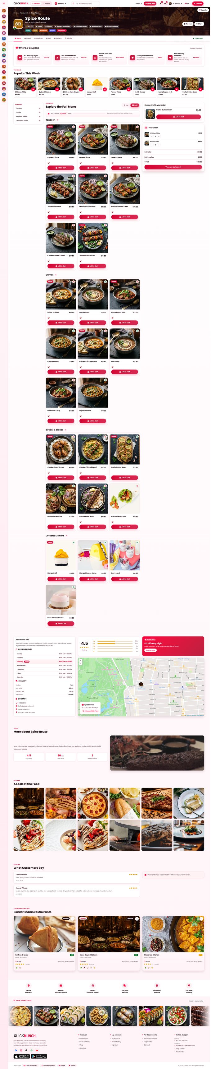 The whole restaurant page in Style 2, grid view, with an order in the cart
