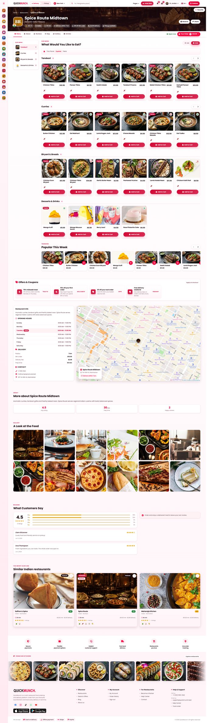 The whole restaurant page in Style 3, grid view, with an order in the cart