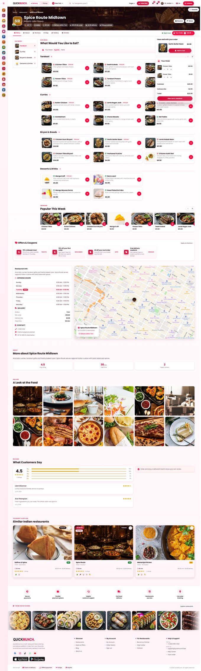 The whole restaurant page in Style 3, list view, with an order in the cart