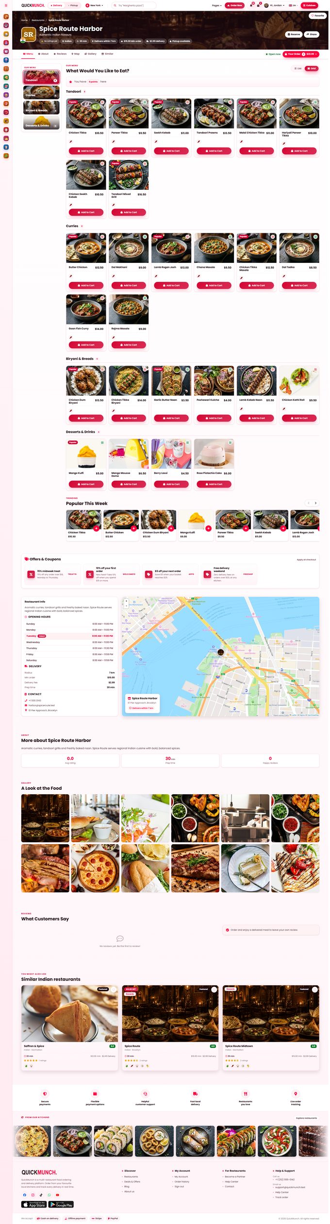 The whole restaurant page in Style 4, grid view, with an order in the cart