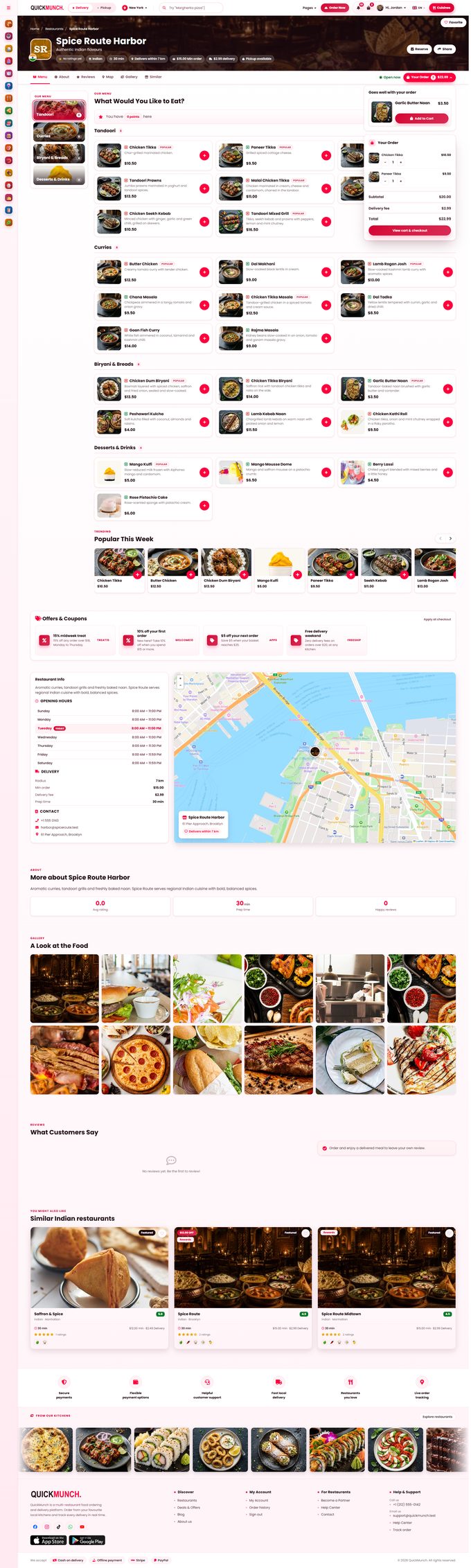 The whole restaurant page in Style 4, list view, with an order in the cart