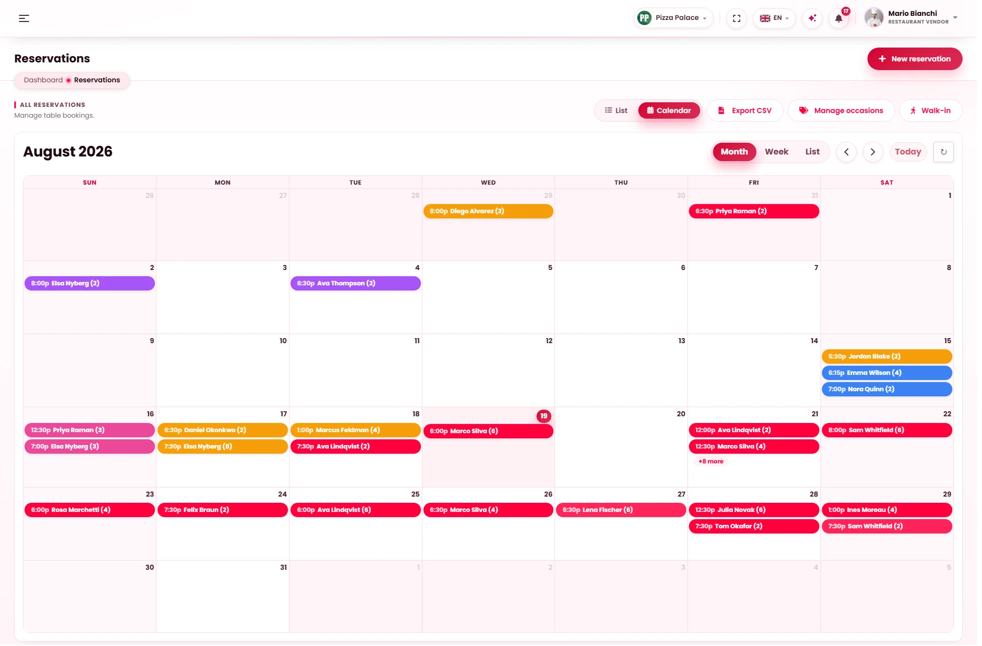 Tonight's bookings on the reservations calendar