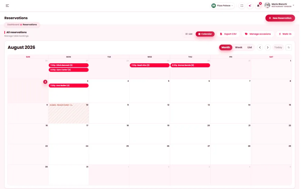 The reservations calendar
