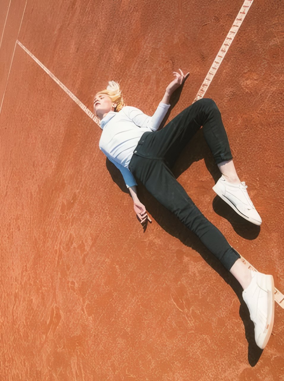 A woman in a cream roll-neck lying on a clay court