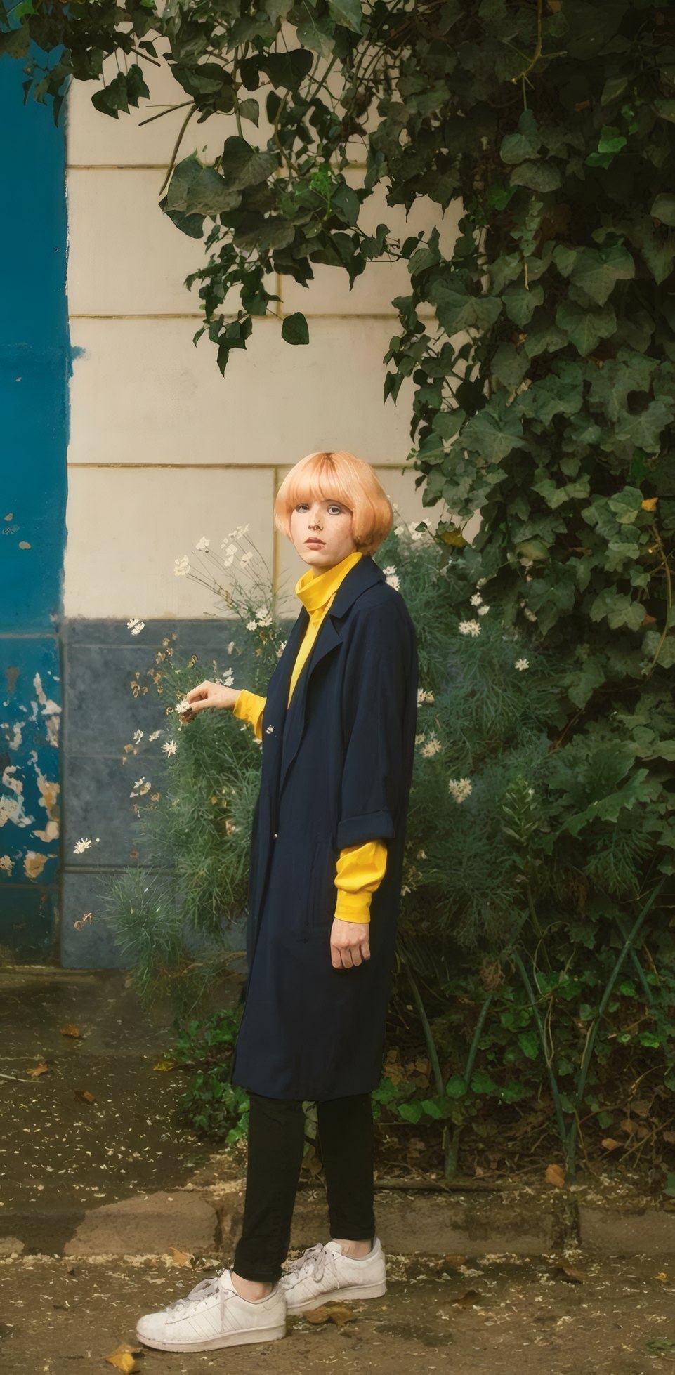 A woman in a navy coat by an ivy wall
