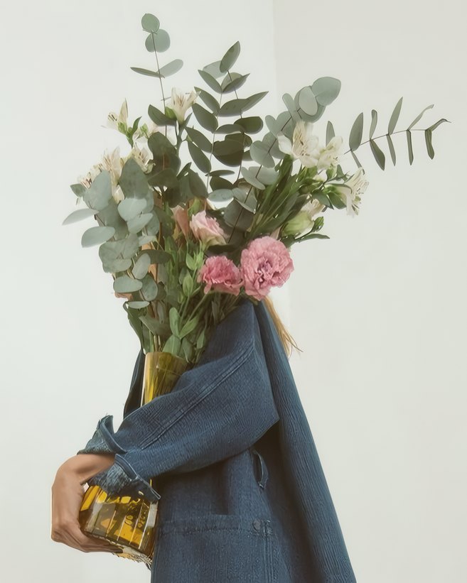 A person in an indigo denim chore coat holding a bouquet