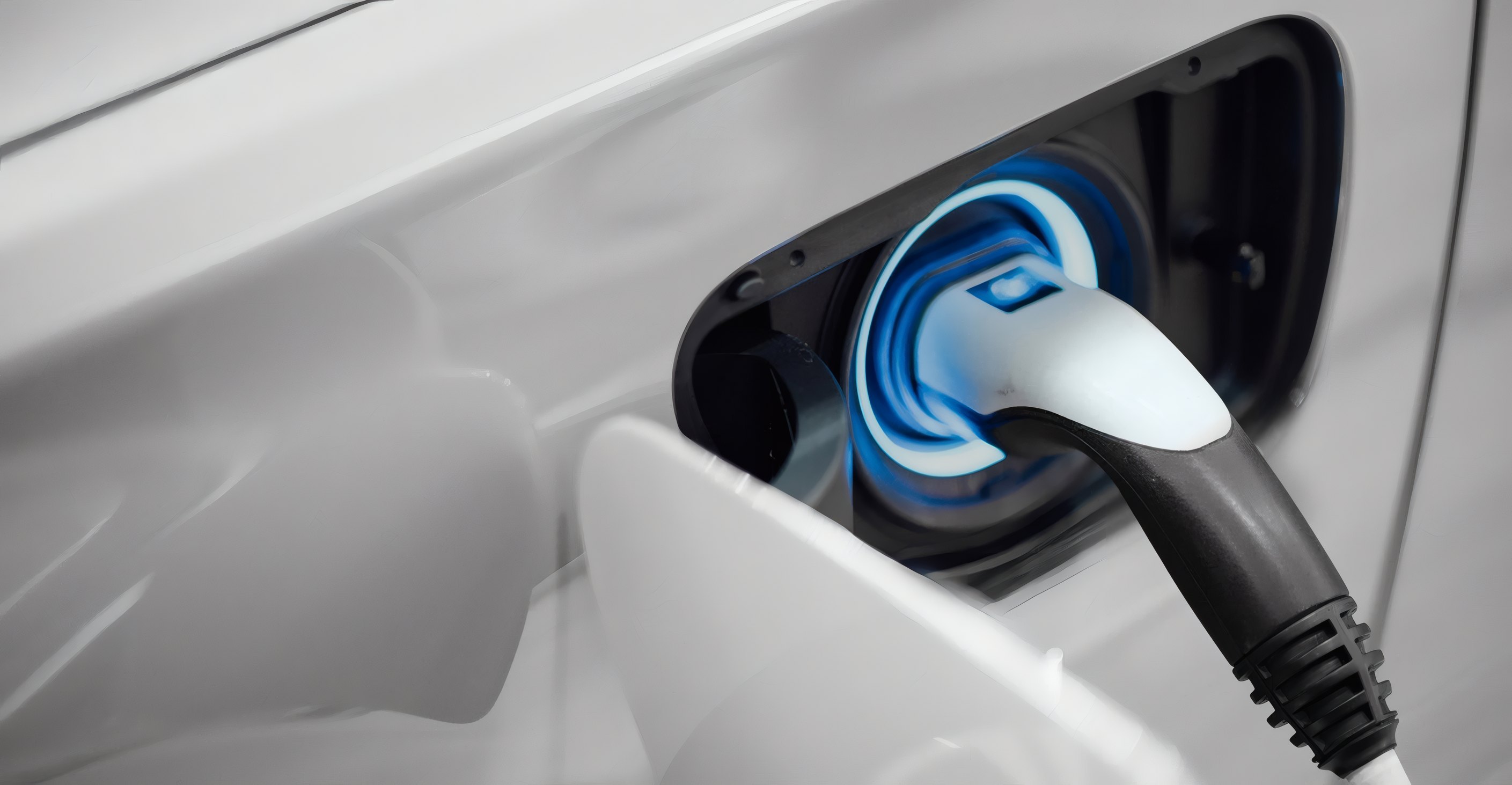 A charging connector glowing blue in its port