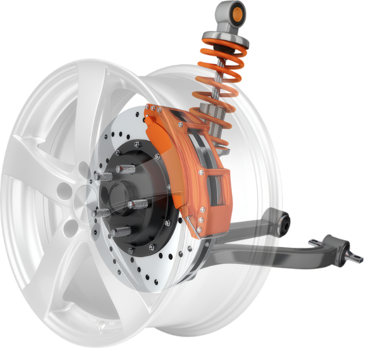 A brake disc, caliper and coilover corner