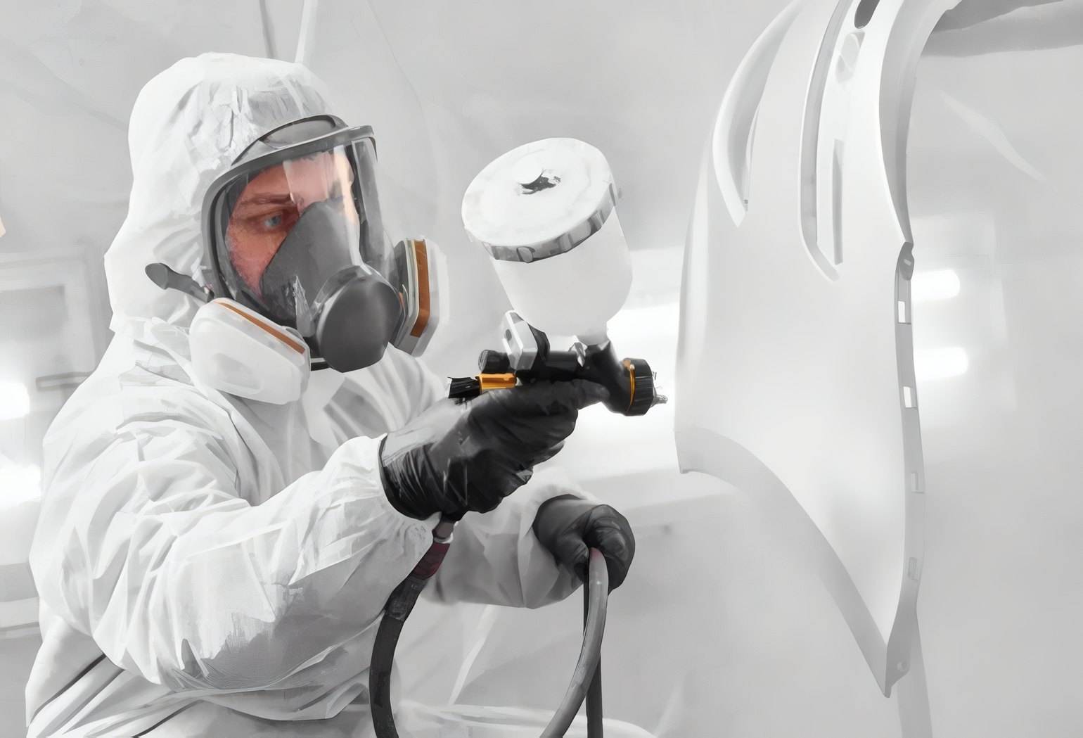 A painter in a white suit with a spray gun