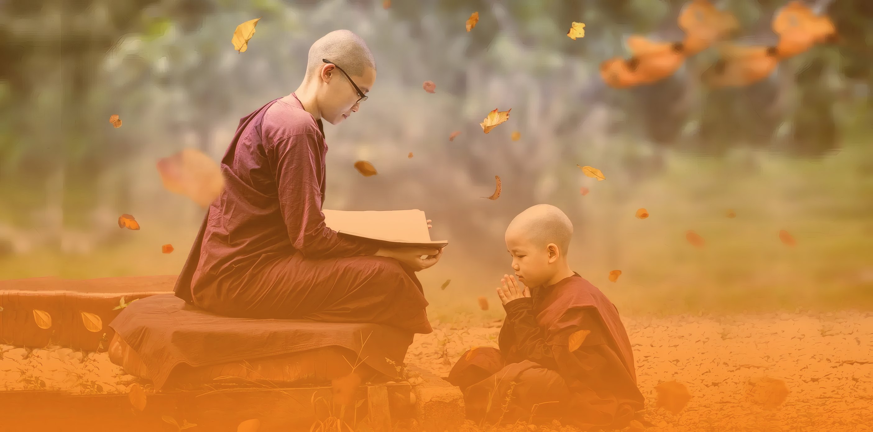 A monk reading beside a young novice at prayer