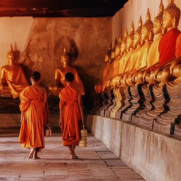 Monks walking between golden Buddhas