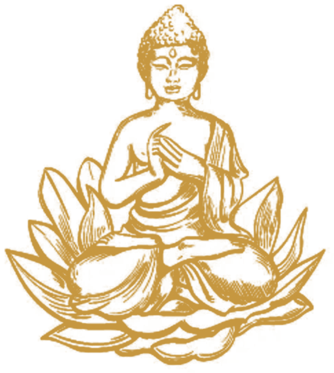 Line drawing of the Buddha seated on a lotus