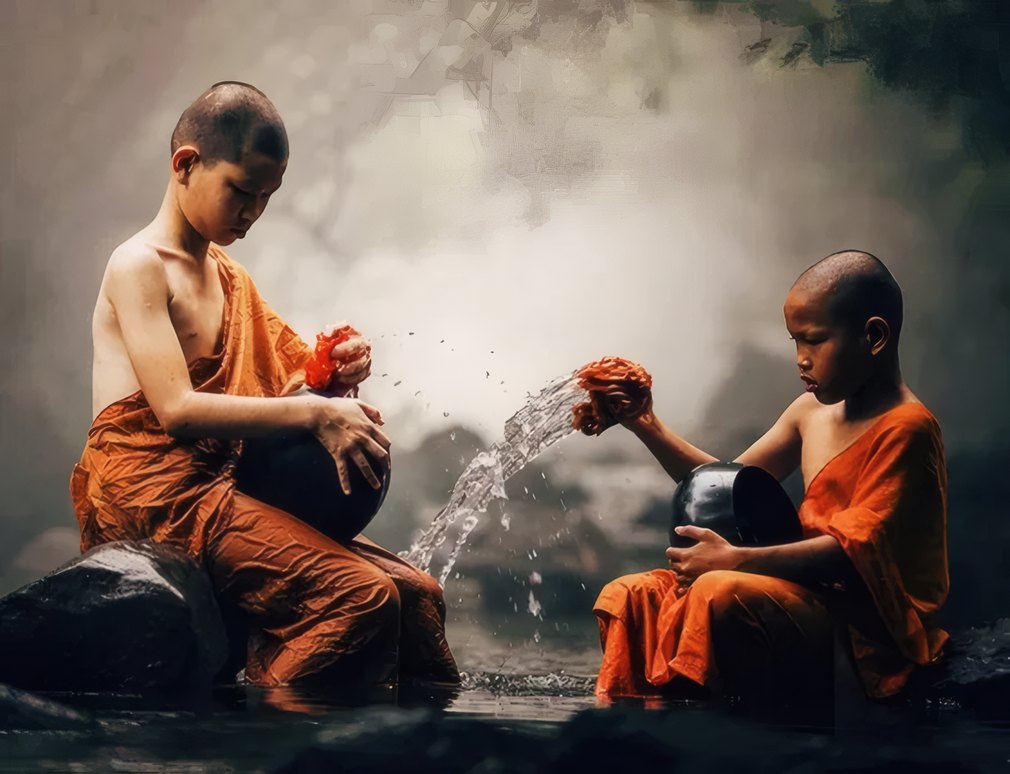 Two novices playing with water by a stream