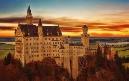 A castle church at sunset