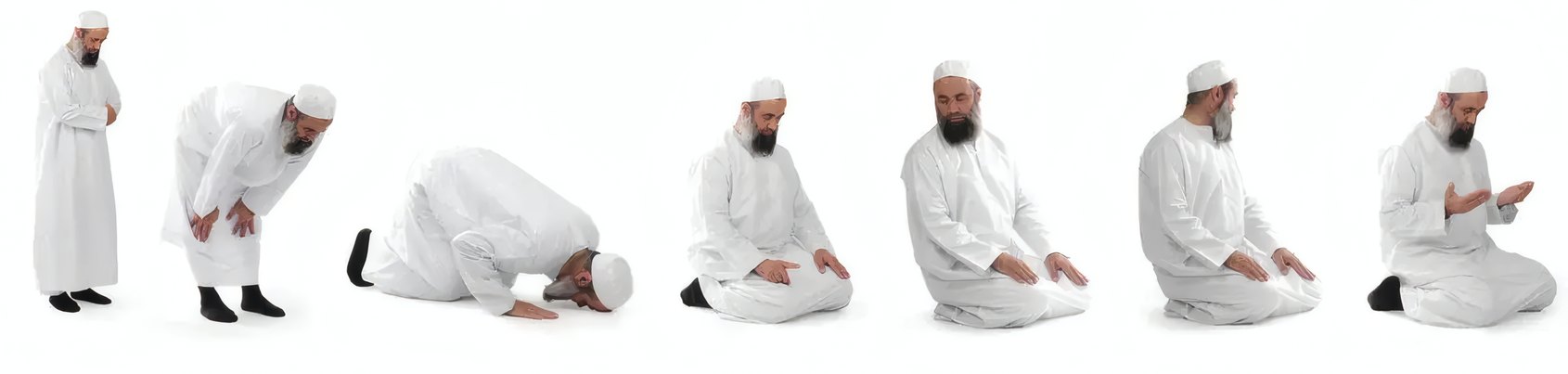 The seven positions of the Islamic prayer, from standing to supplication