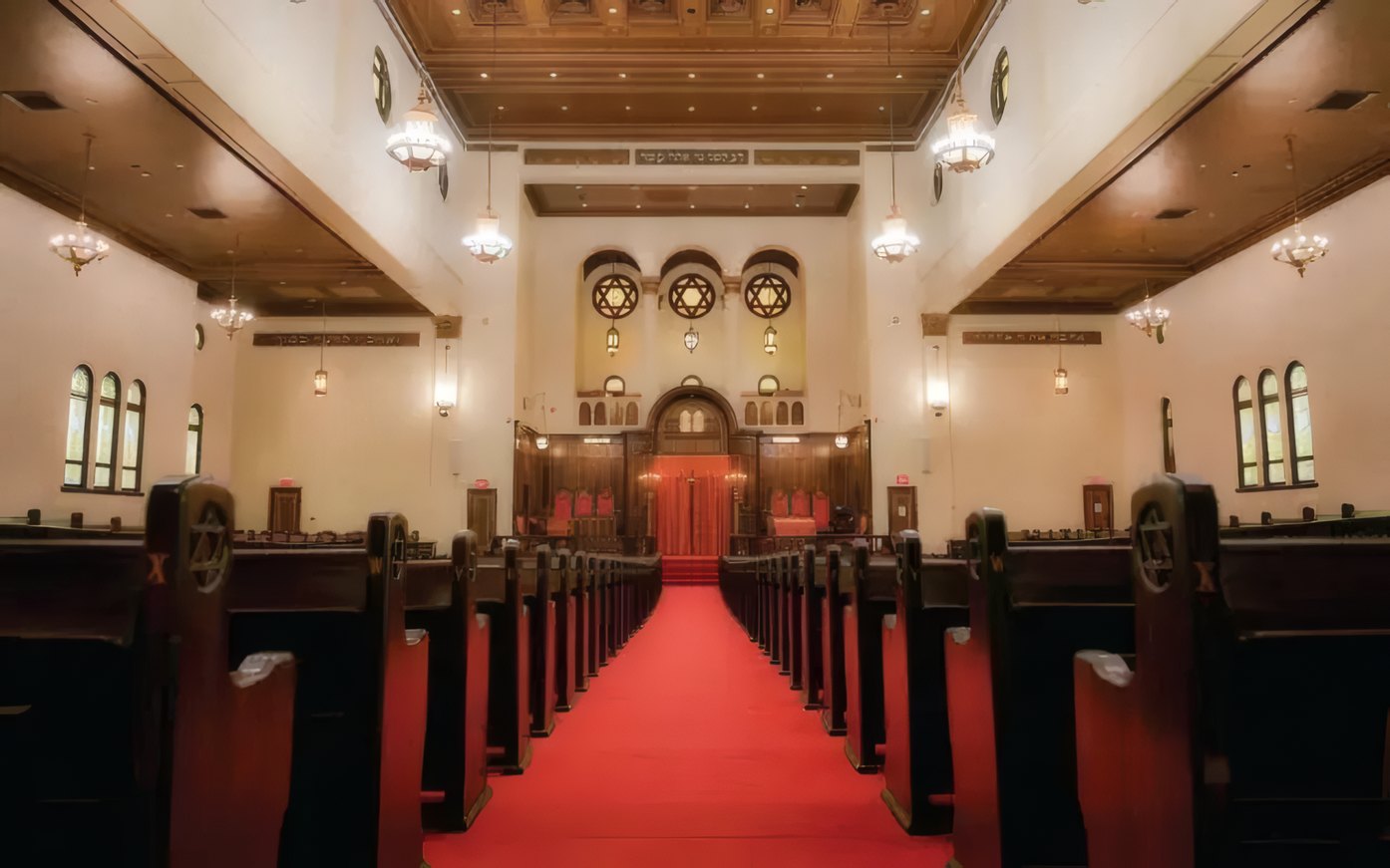 The sanctuary with its red carpet and ark