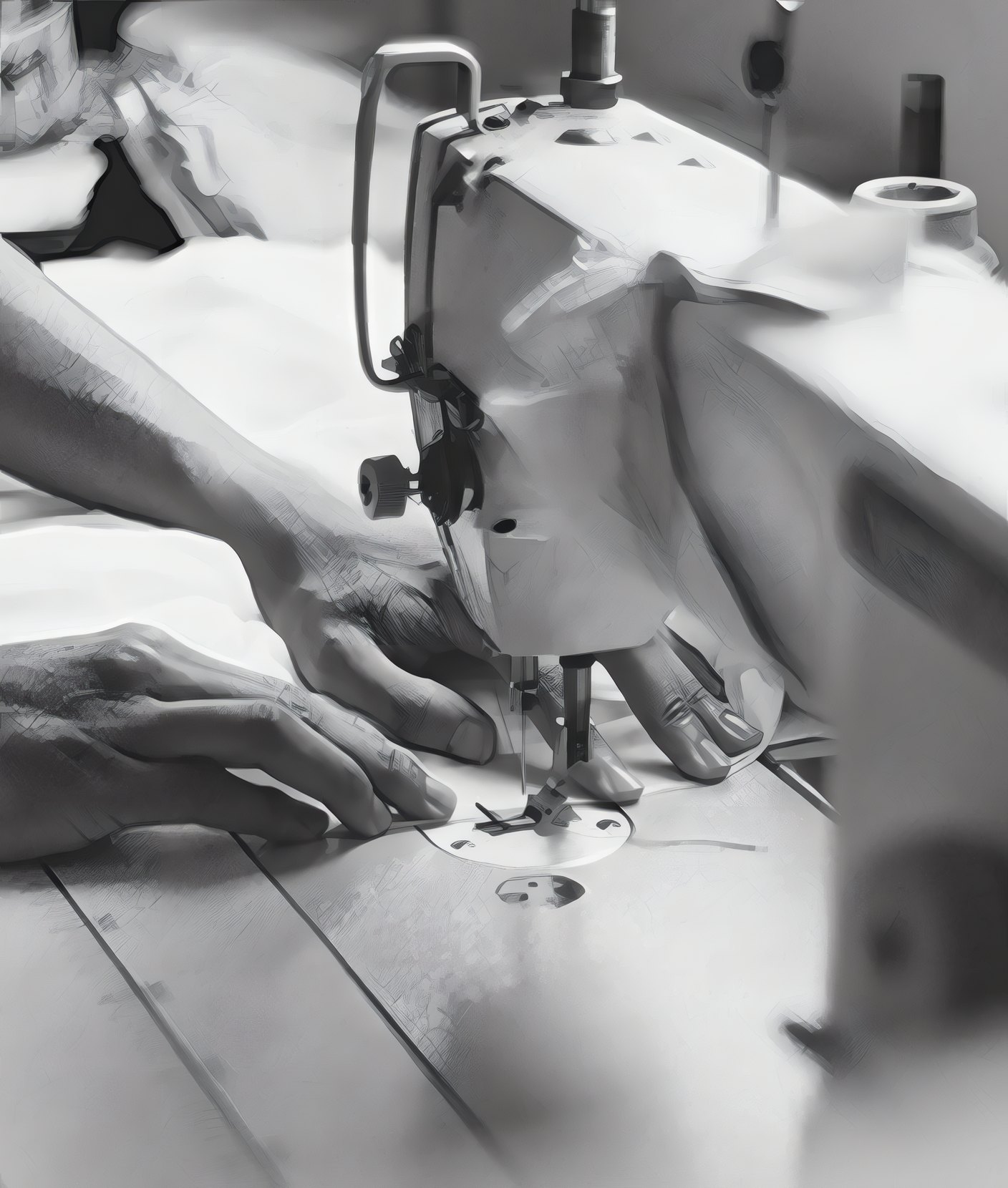 Hands guiding cloth under a sewing machine