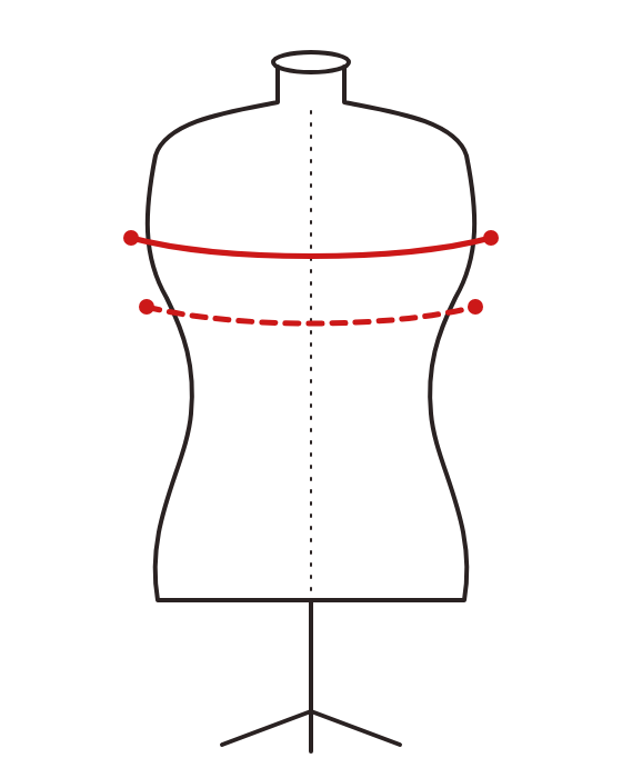 Where to measure: the bust tape at the fullest point, the underbust tape just below