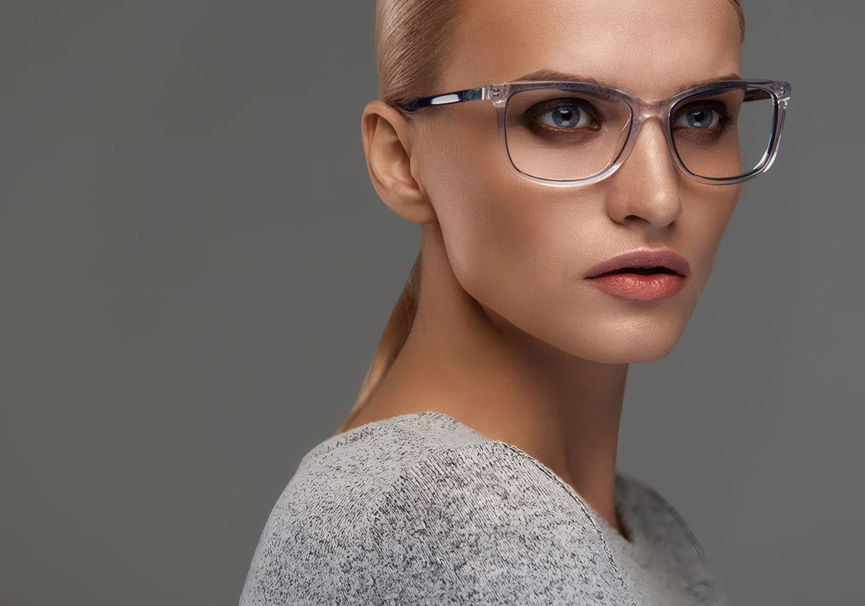 A woman in clear optical frames against a grey studio wall