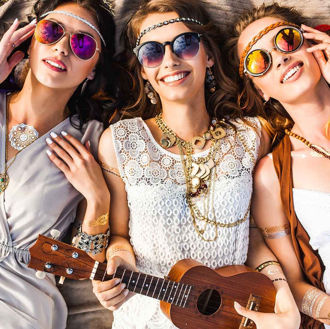 Three friends in round tinted sunglasses