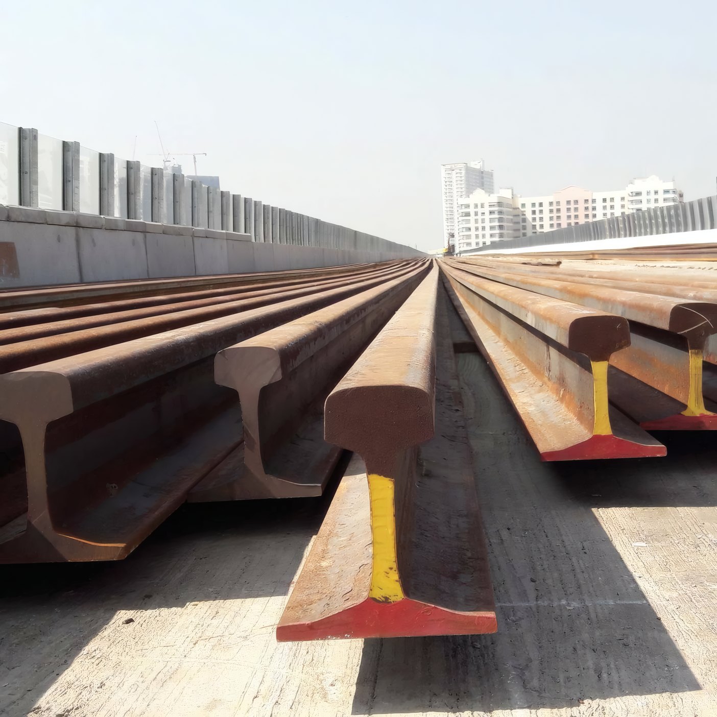 Steel rails stacked in a yard
