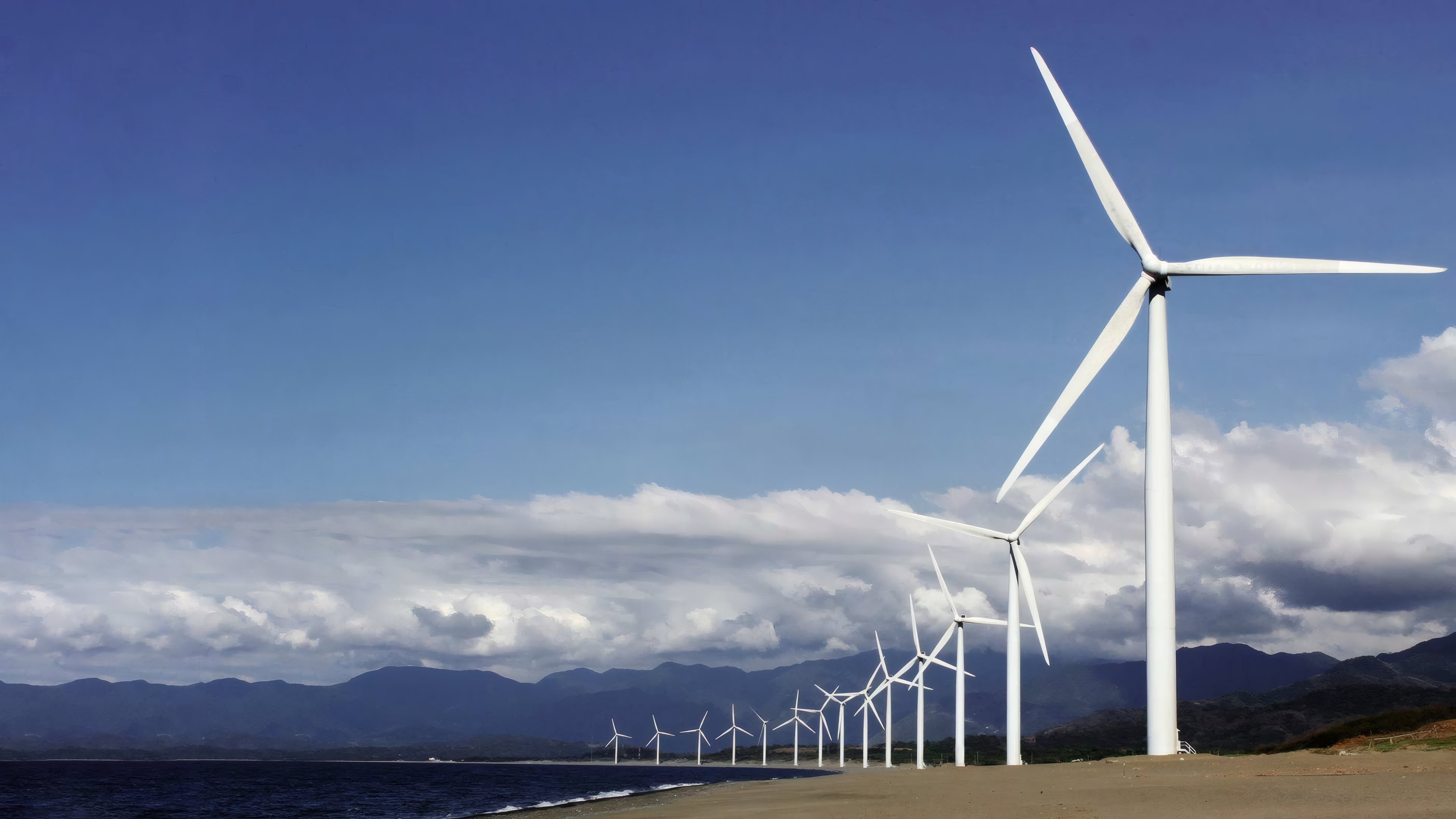 A line of turbines along the coast