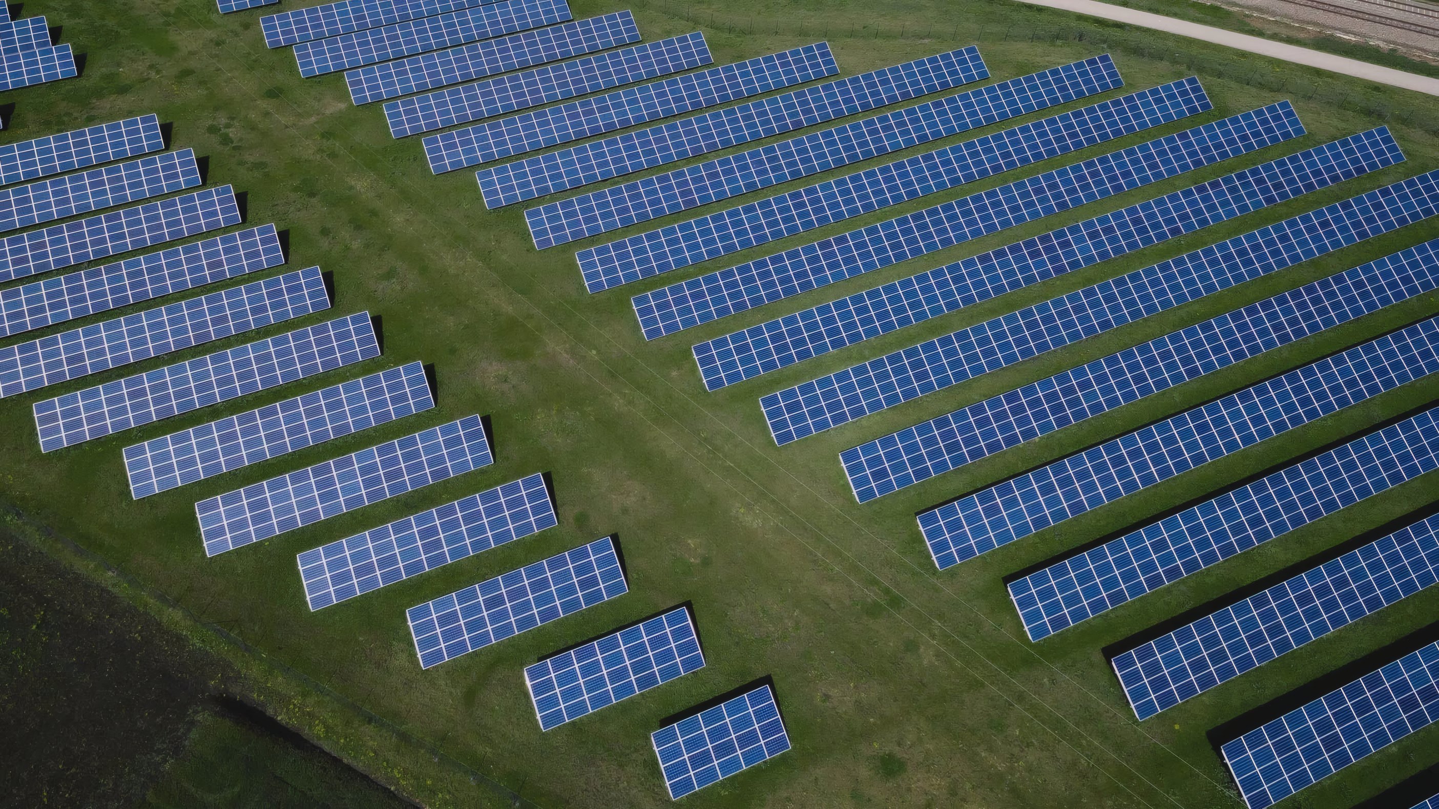 A solar farm's rows from above