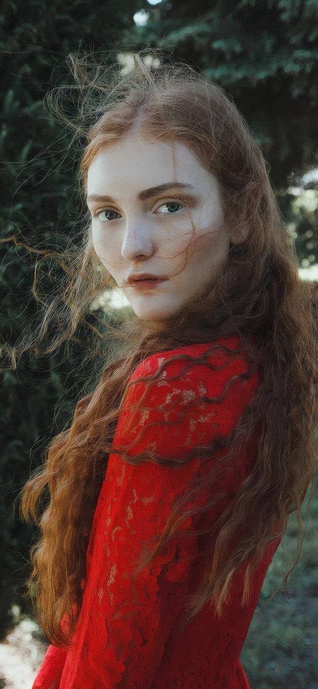 A red-haired woman in red lace looking back over her shoulder