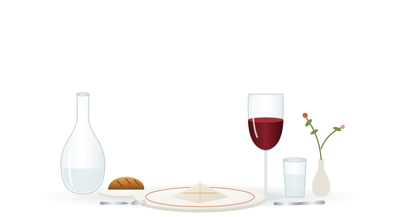 A place setting: plate, cutlery, two glasses, a carafe and a bud vase