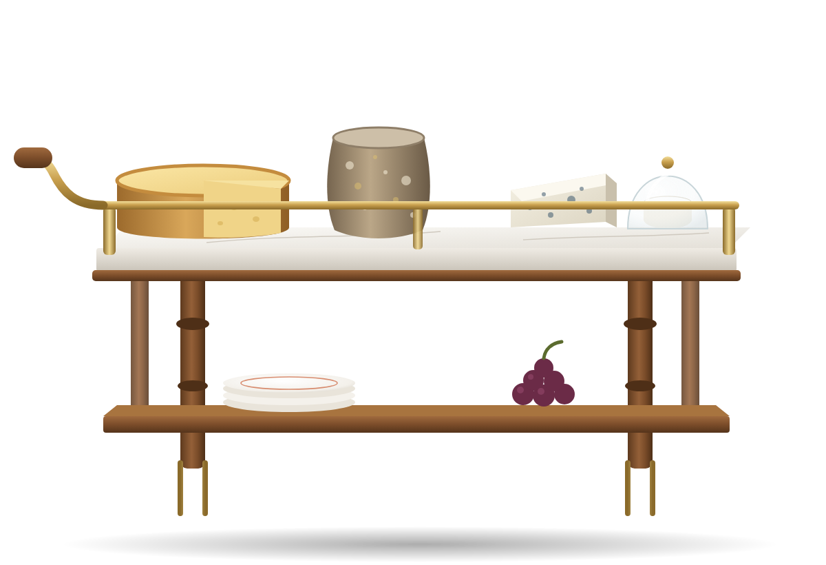 The cheese trolley with three cheeses under a glass dome