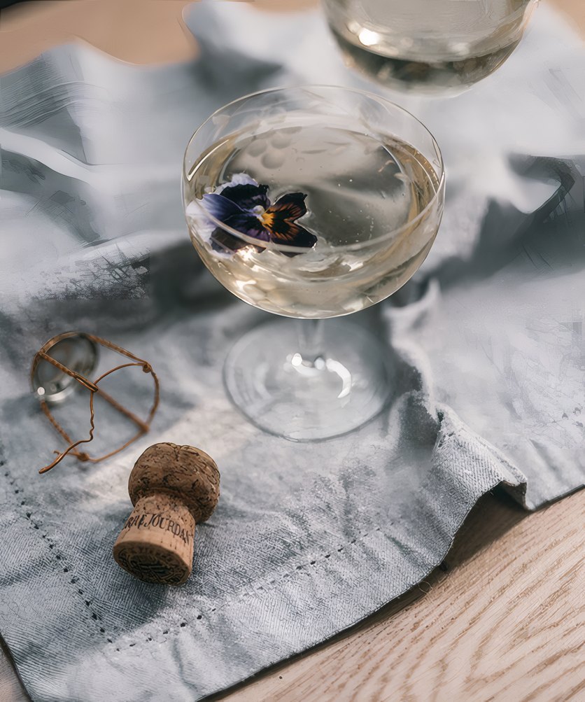 A coupe of white wine on a linen napkin beside a cork