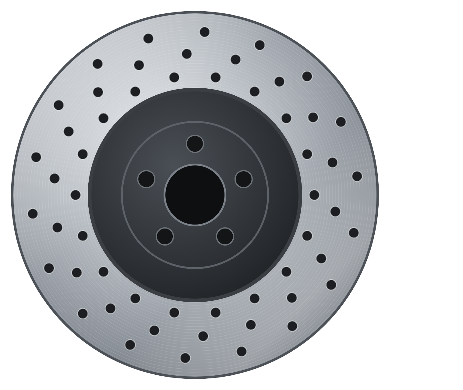 Drilled brake disc, pad and caliper assembled