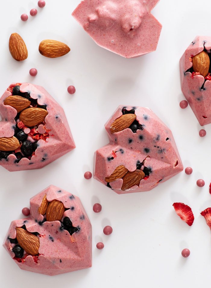 Ruby chocolate hearts with almonds
