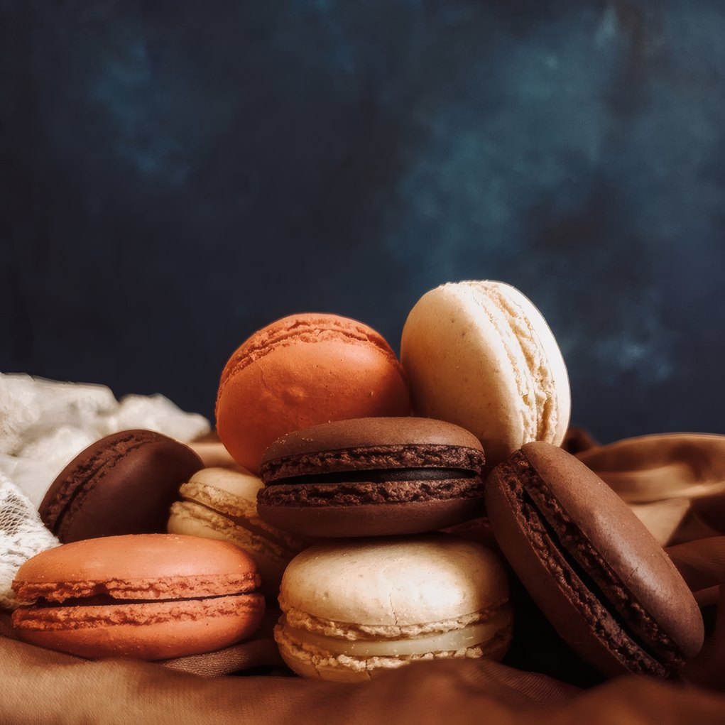 Chocolate macarons on a dark plate