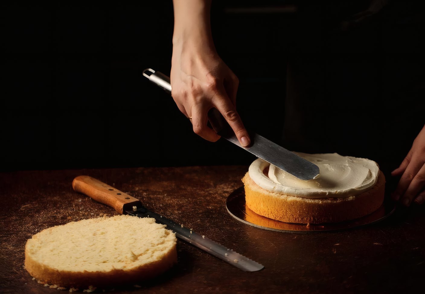 A knife levelling a sponge cake on a dark table