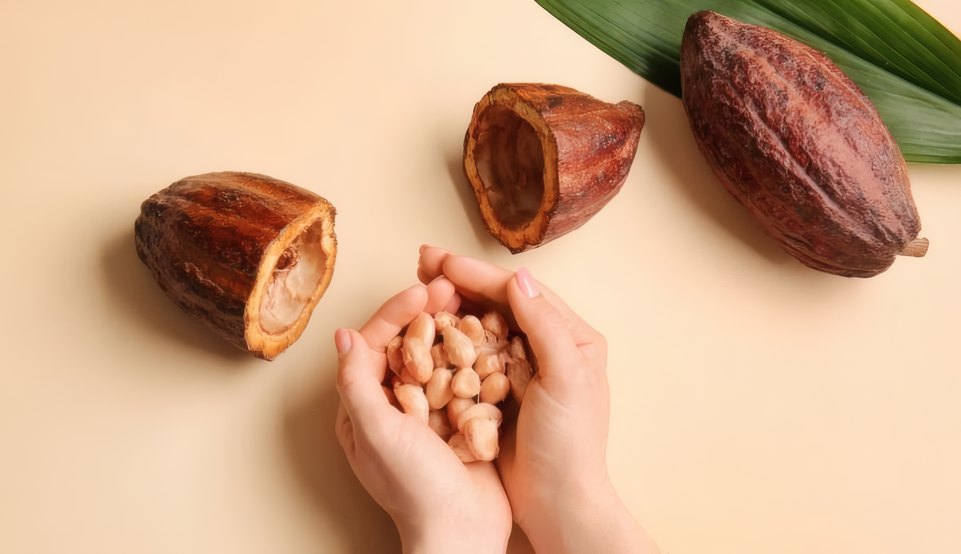 Hands holding cocoa beans beside open pods