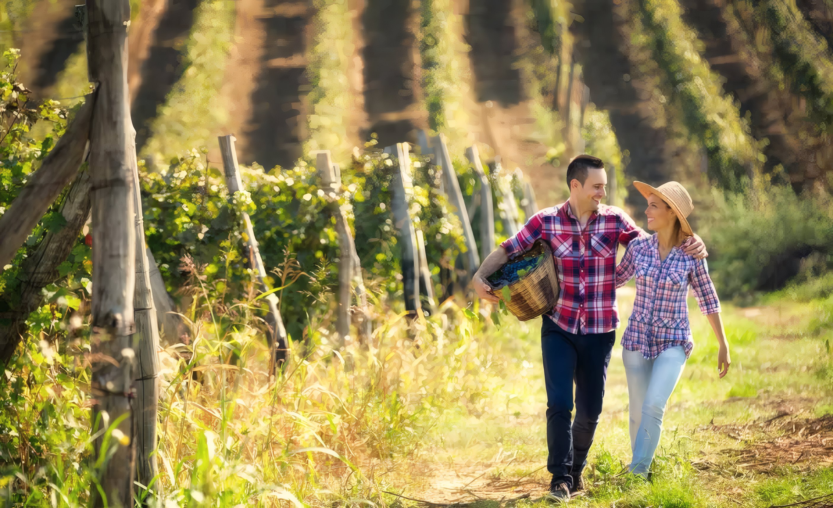 Two guests walking between the rows