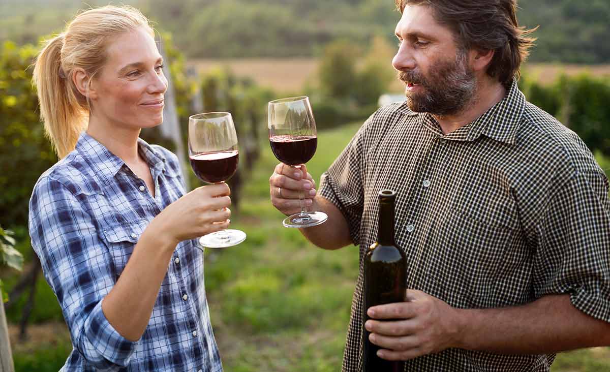 Two guests tasting wine in the rows