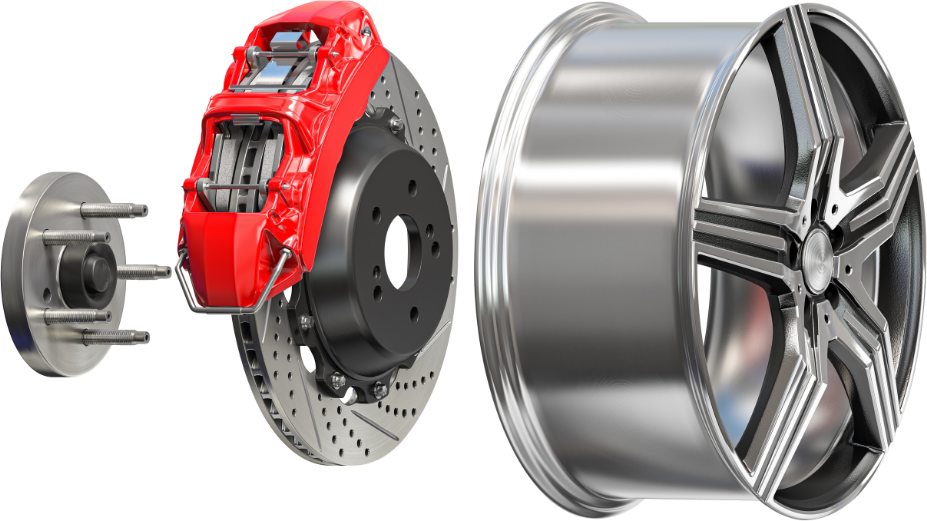 Drilled brake disc, caliper and alloy wheel